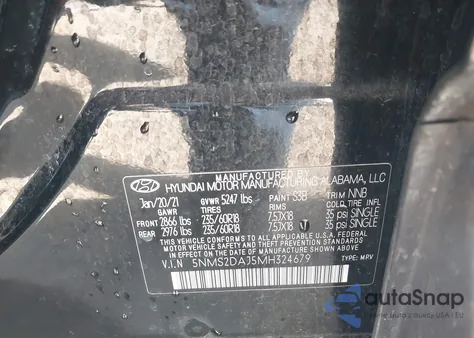 2021 Hyundai Santa Fe Sel из США, поврежденный, VIN 5NMS2DAJ5MH324679